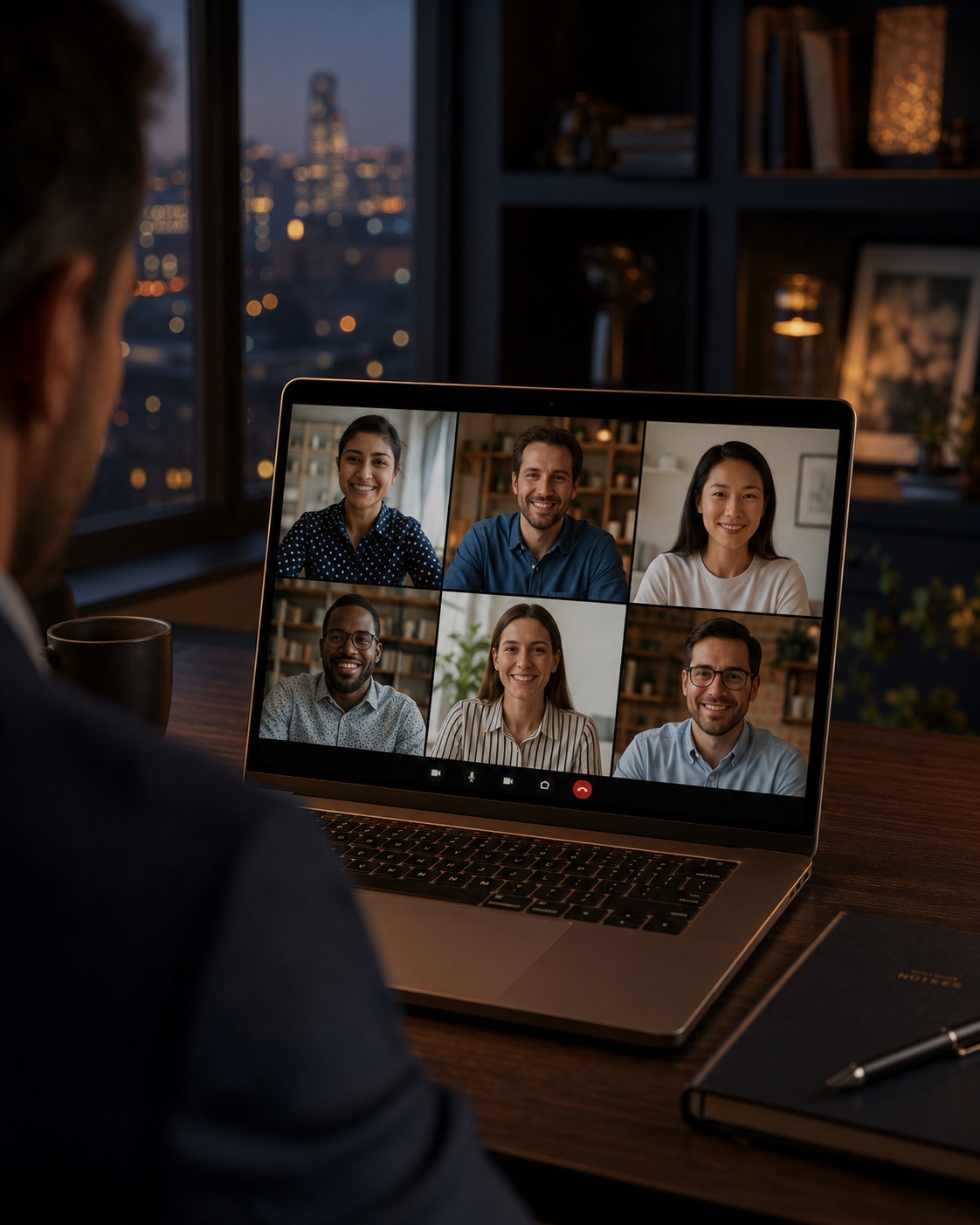 Turma reduzida em aula online ao entardecer